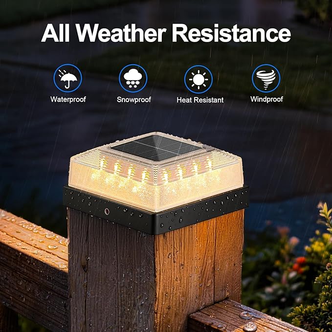 Brightever Solar Post Cap Lights Outdoor 6-Pack Solar Fence Post Lights with 3 Lighting Modes Fits 4x4 Vinyl/Wood Posts Black Solar Powered Waterproof Deck Post Lights for Garden Patio Porch