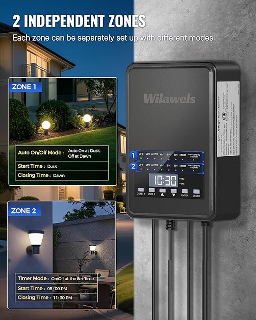 200W Low Voltage Landscape Transformer 2 Zone Independent Control 120VAC to 12/14VAC Low Voltage Transformer Landscape Lighting Transformer with Timer&amp Photocell Sensor ETL Listed D27LT06N1