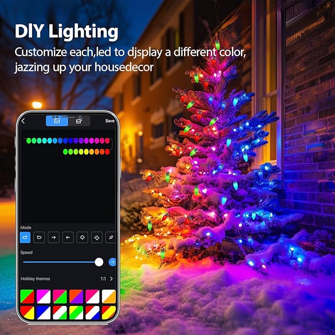 C9 Christmas Lights Outdoor 33FT 50 LED RGB Color Changing BulbsApp Bluetooth Music Sync DIY Scenes &amp Timers Connectable to 198FT IP44 Waterproof Roofline Eaves Porch Fence Decorations