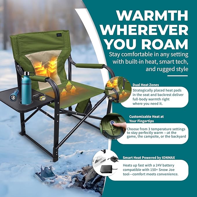 Bliss Hammocks 24 Volt Heated Directors Seat with 3 Heat Settings Folding Portable 21 Inch Wide Steel Frame Camping Chair - Battery Included Green