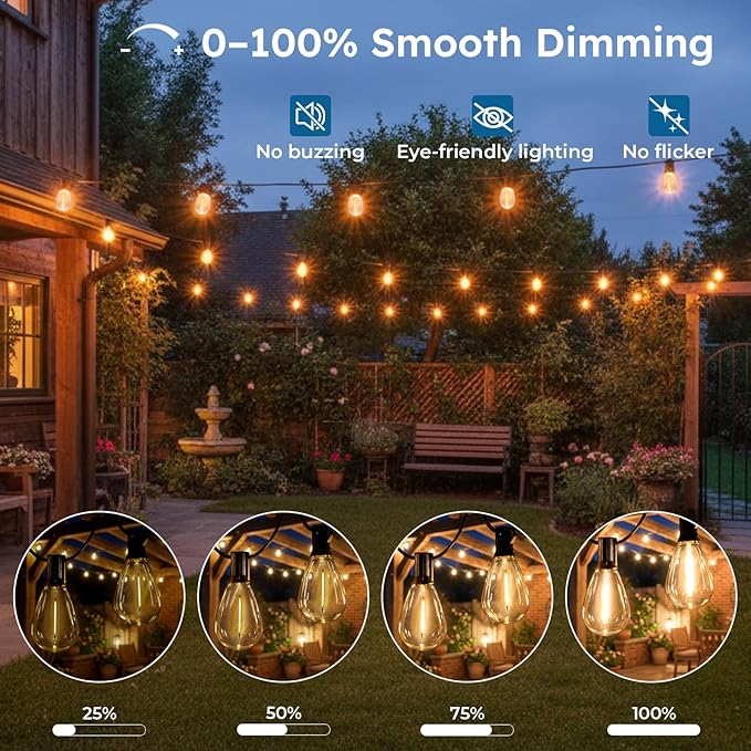 200FT S11 LED Outdoor String Lights with App &amp Remote Low-Voltage Patio Lights with Music Sync 4 Lighting Modes Dimmable Waterproof LED Outdoor Lights for Backyard Porch Deck Garden