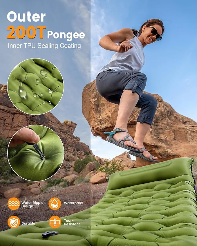 Camping Sleeping Pad5.9 Inch Thick Camping Mat with Built in Pillow and Foot PumpSelf Inflating Sleeping Pad for Camping Backpacking（Green
