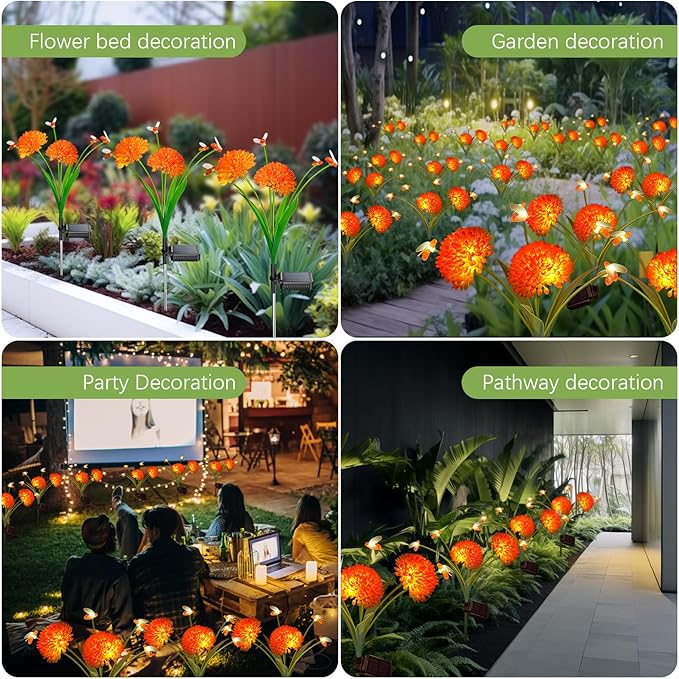 Solar Garden Lights 4 Pack Solar Swaying Bee Lights with Flowers Waterproof Firefly Light Outdoor for Garden Patio Yard Pathway Fall Decoration Gifts for Women Mother's Day