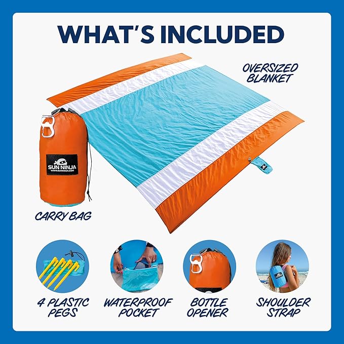 SUN NINJA Sand Proof Beach Blanket - Sand Free Beach Mat Lightweight &amp Quick Dry Beach Essentials with Travel Bag Giant Beach Blanket (10'x9') Perfect for Outdoors Picnic Camping &amp Travel