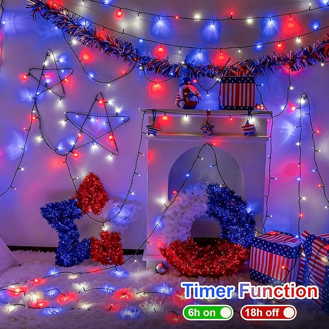 QITONG 500 LED Red White and Blue String Lights 165ft 4th of July Decorations Lights Plug in Outdoor Indoor 8 Modes Patriotic Light Green Wire for Independence Memorial Day Décor