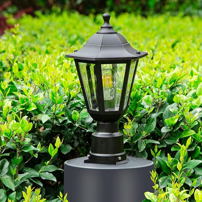 FUDESY Outdoor Post Light Exterior Lamp Post Light Fixture with Pier Mount Base Waterproof Pole Lantern Lighting with E26 Socket Matte Black Plastic Lamp for Garden Patio Pathway(Bulb Included)