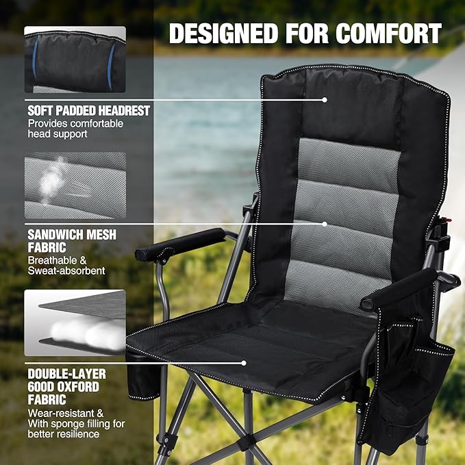 Extra Tall Folding Chairs for Adults 330lbs with Adjustable Backrest Portable Bar Height Foldable Director Chairs with Lumbar Support Comfortable with High Back and FootrestBlack2Pack