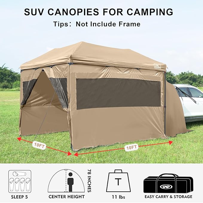 KAMPKEEPER 5pcs Sidewalls for 10X10 Commercial Instant Canopy Tent Converts Canopy into Tent for Camping with Removable SUV Tailgate - Khaki (Canopy Pole/Shelter NOT Included)