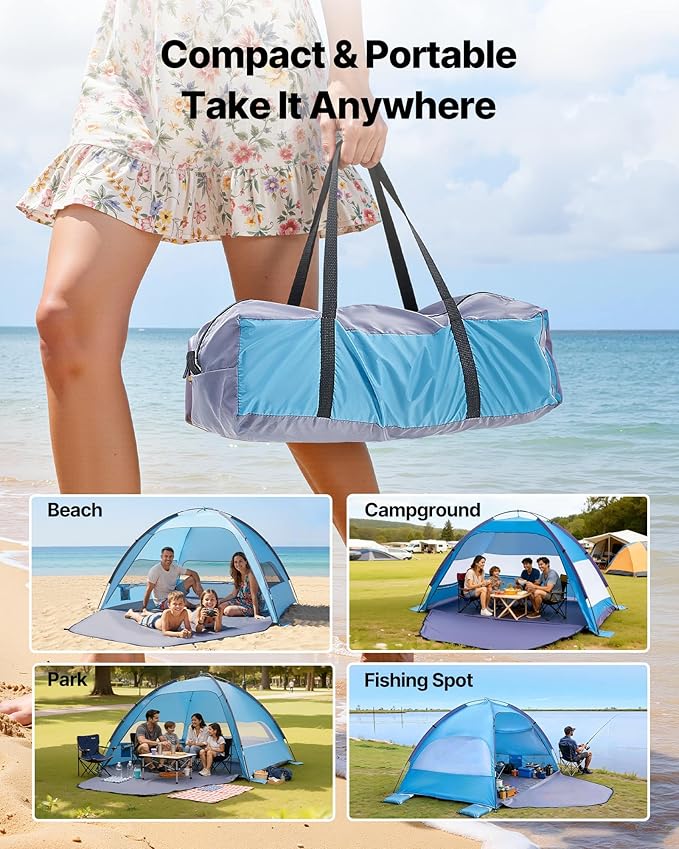 VEVOR Beach Tent Sun Shelter for 4 Person UPF 50+ Protection Portable Sun Shade Beach with Carrying Bag &amp Sand Pockets Lightweight and Easy Setup Beach Umbrella for Camping Fishing Outdoor Picn