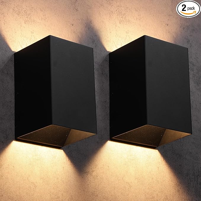 LEONLITE LED Square Up Down Wall Lights Outdoor CRI90+ 120V ETL Listed Modern Porch Light Wet Location 8.07 Inch Indoor Matte Black Wall Sconce 10W 844LM 3000K Warm White Pack of 2