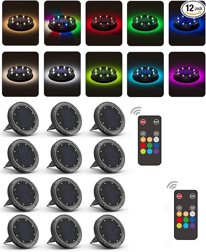 Color Changing Solar Ground Lights with 33ft Long Distance Remote Control - Flat Solar Lights Outdoor Waterproof - Pathway Lights Solar Powered for Yard Decorative Outside Lawn Walkway [12 Pack]