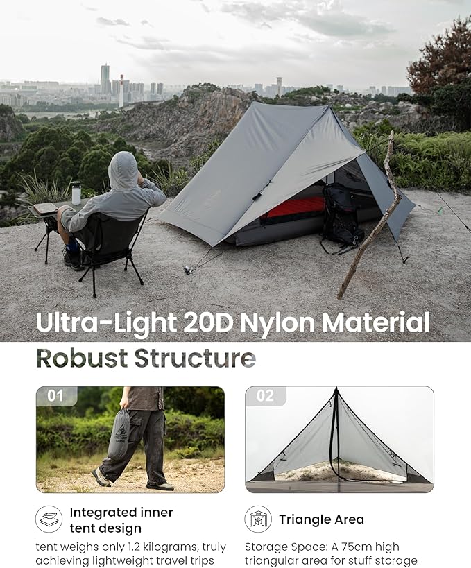 OneTigris HILLRIDGE Backpacking Tent Waterproof Windproof 2 Person Tent 20D SIL-Coated Nylon Single Layer Ultralight 3 Season Tent for Camping Hiking Canoeing Travel