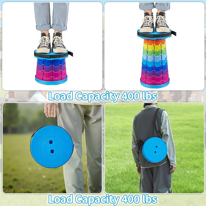 VECELO Telescoping Folding Stool Upgraded Portable Collapsible Retractable Stool with Load Capacity 400lbs for Garden Fishing Camping Hiking BBQ 1 PCS Rainbow Blue