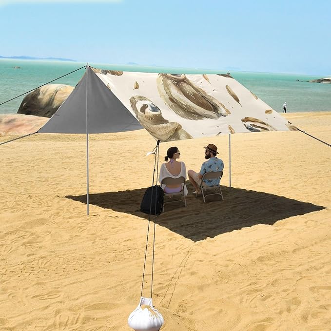 Sloth Pattern Beach Tent Sun Shelter 9.2' x 10.5' Beach Canopy with 4 Sandbags 4 Stability Poles Sand Shovels - Tent Canopy for Beach Camping Fishing Picnics