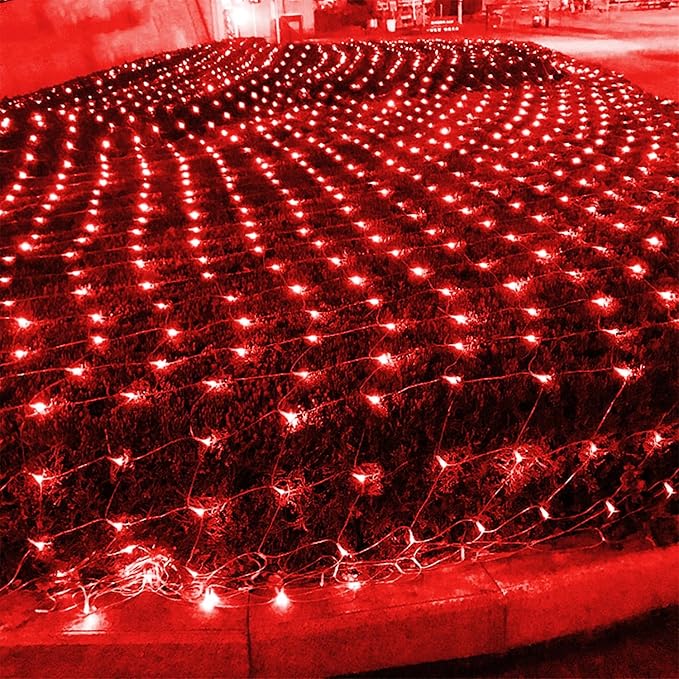 WATERGLIDE Outdoor Valentines Net Lights 12FT x 5FT 360 LED Mesh String Light with 8 Lighting Mode Connectable Waterproof Lights for Garden Tree Bushes Christmas Wedding Party Decorations Red