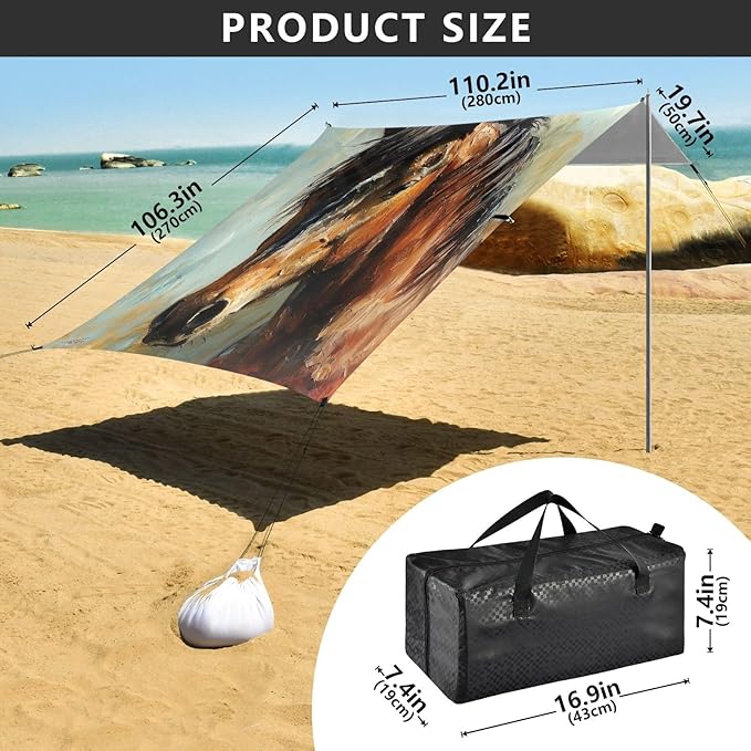 Oil Painting Horse Beach Tent Sun Shelter 9.2' x 10.5' Beach Canopy with 4 Sandbags 4 Stability Poles Sand Shovels - Tent Canopy for Beach Camping Fishing Picnics