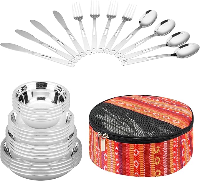 Camping Mess Kits - 28pcs Camping Dinnerware Set Camping Gifts Camping cookware Sets Camping Accessories Camping Cooking Utensils Set Bowls Plates Knives Forks Spoons