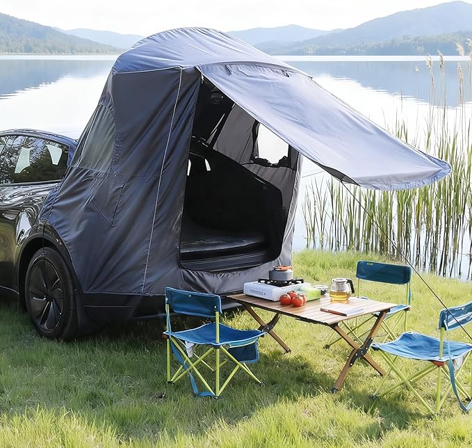 Tailgate Camping Tent for Tesla Model Y 2020-2024 Accessories [UPF50+ &amp Waterproof PU 3000mm] 420D Oxford Fabric Car Tailgate Shade Awning with Screen Net Suitable for 2-4 Person - Grey