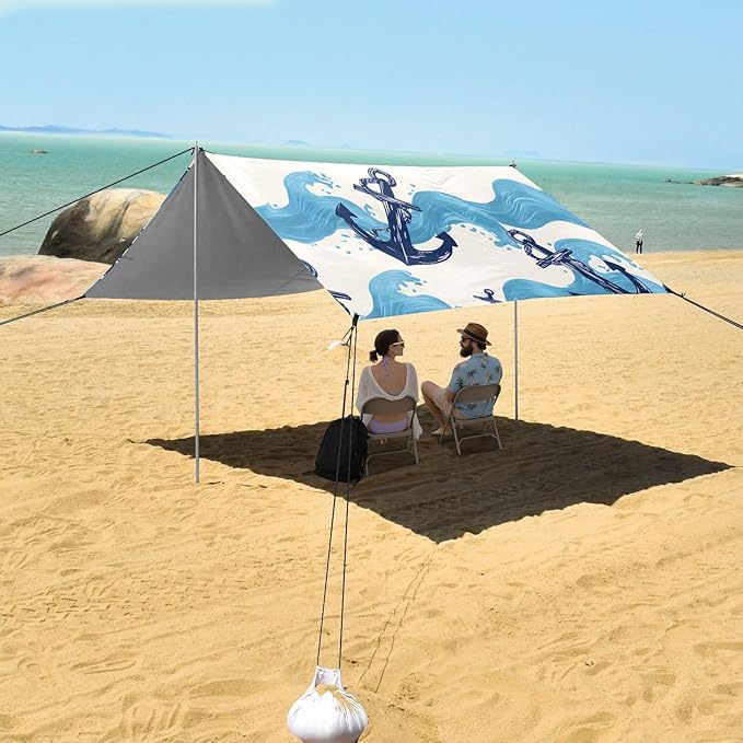 Bolaz Beach Canopy Tent Sun Shade9'×10.5' Large Family Beach Shade UPF50+- Outdoor Shade for Camping Trips FishingWave Boat Anchor Pattern