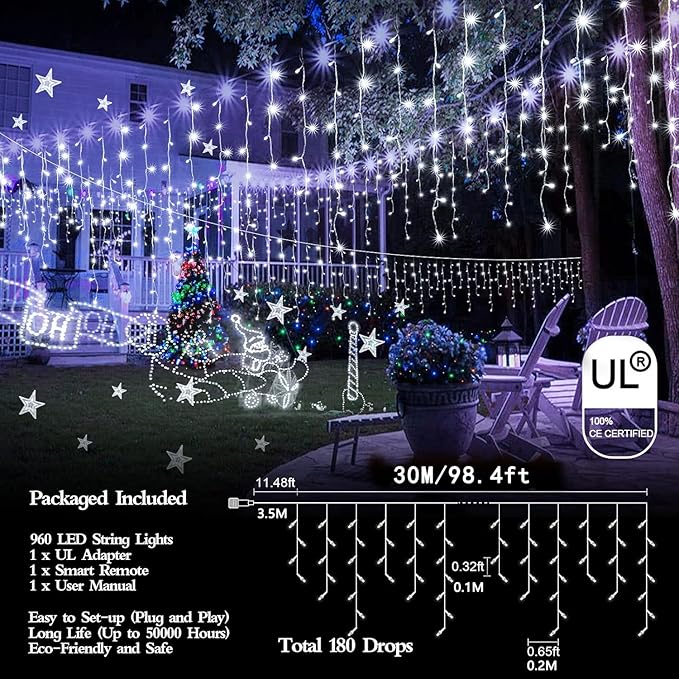 98FT 960 LED Christmas Lights Waterproof 8 Modes Ice Lights for Outside with Memory and Timer Hanging Fairy Lights Plug-in Curtain String Lights for Holiday Party Wedding Home (Cool White)