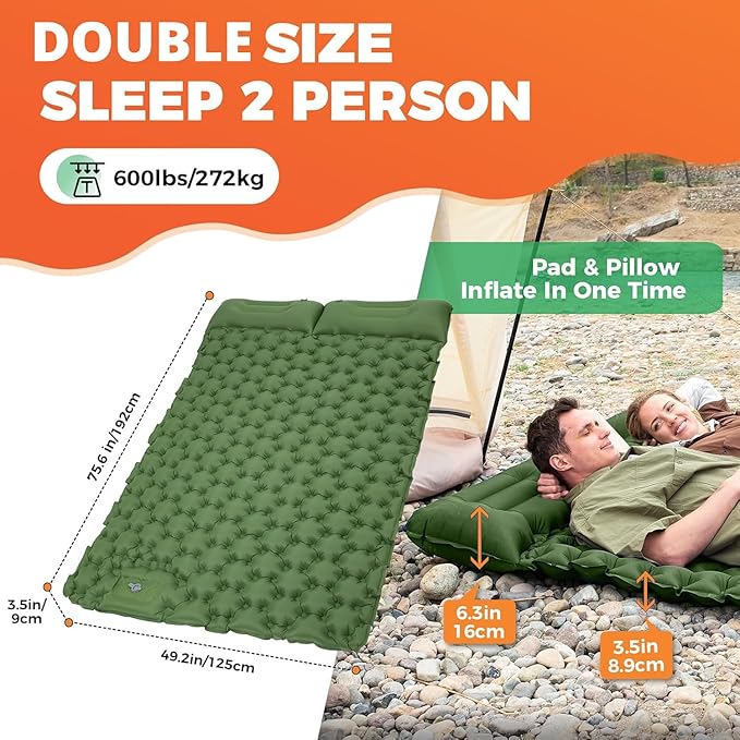KingCamp Sleeping Pad for Camping Ultralight Connectable Inflatable Sleeping Pad Camping Mattress with 6.3 Built-in Pillow &amp Foot Pump for Backpacking Hiking Tent Cot