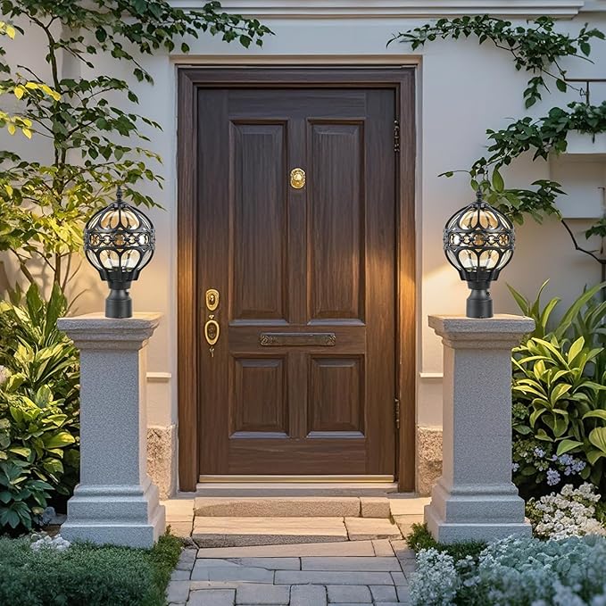 2 Pack Dusk to Dawn Outdoor Globe Post Light Fixtures 13.4 Black Anti-Rust Aluminum Lamp Post Lighting for Patio Garden Driveway Hardwired Post Top Lantern Pillar Light Fits Standard 3 Post