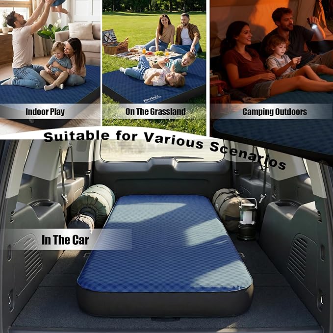 Self Inflating Sleeping Pad with Electric Pump  4 Ultra Thick memory foam camping mattress 9.5 R-Value Insulated Sleeping Mat Easy to Inflate &amp Deflate for Camping Car Travel Tent (SingleBlue)