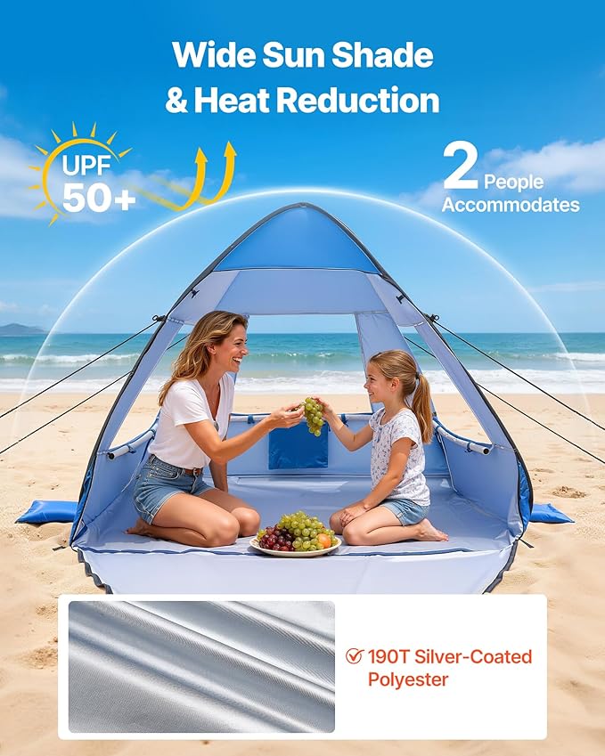 VEVOR Beach Tent Sun Shelter for 2 Person UPF 50+ Protection Portable Sun Shade Beach with Carrying Bag &amp Sand Pockets Lightweight and Easy Setup Beach Umbrella for Camping Fishing Outdoor Picn