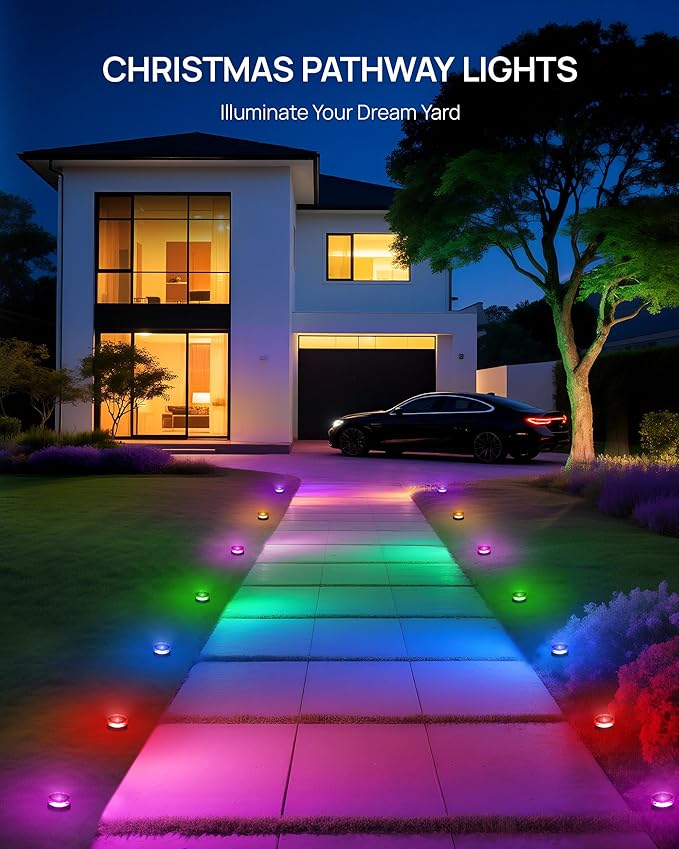 VCOKEN Christmas Pathway Lights 50FT with Smart 15 LED RGBWW Outdoor Ground Lights with App Control DIY Scene Modes IP65 Waterproof Walkway Light for Yard Walkway Driveway Garden Decor