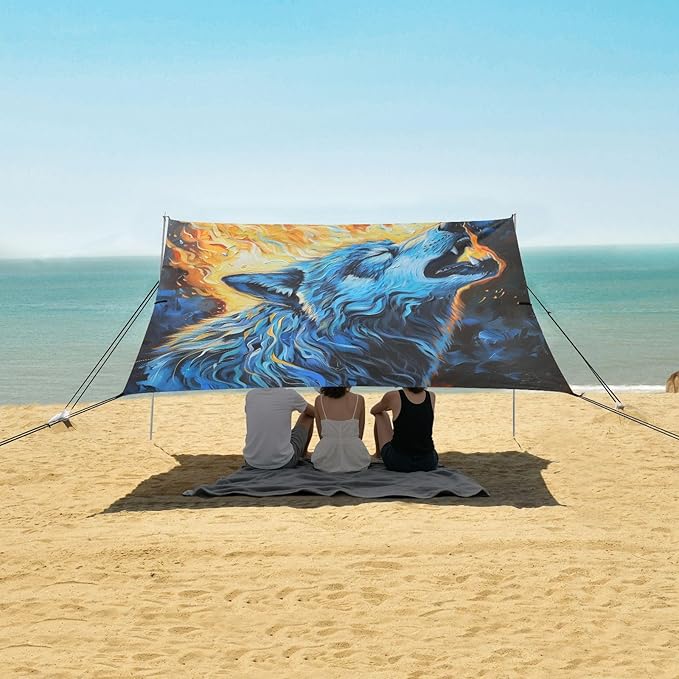 ALAZA Howling Wolf Fire Painting Beach Tent Sun Shelter UPF50+ Protection Beach Shade Canopy w/ 4 Sandbags for Outdoor Camping Fishing Backyard Fun Picnic 10x9 ft