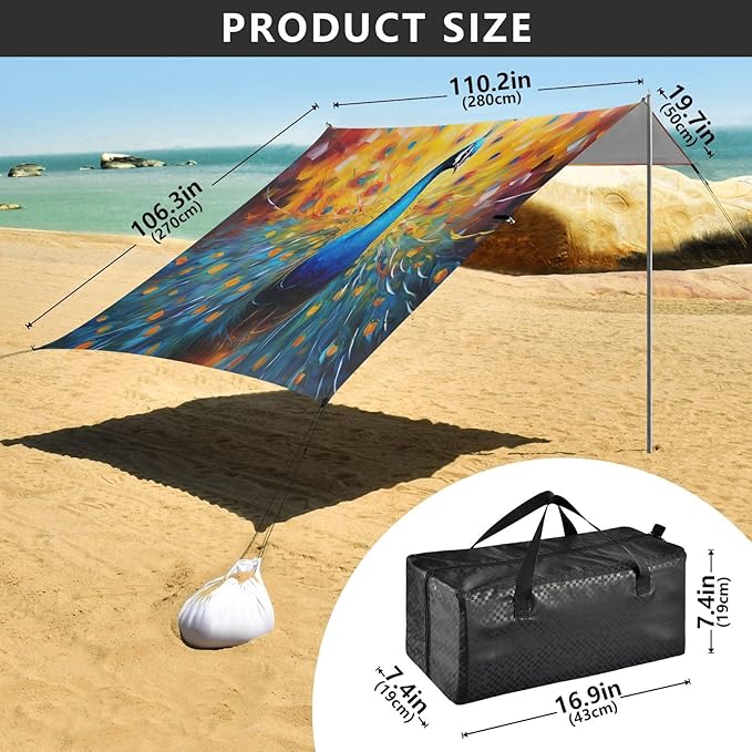 Colorful Peacock Painting Beach Tent Sun Shelter 9.2' x 10.5' Beach Canopy with 4 Sandbags 4 Stability Poles Sand Shovels - Tent Canopy for Beach Camping Fishing Picnics