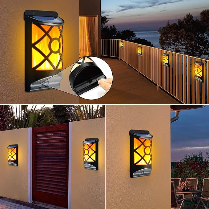 Solar Flame Lights Outdoor - Waterproof Wall Lanterns with Realistic 3D Flickering Flames 66 Ultra Bright LED Fire Effect Light - Garden Decor for Patio Fence Deck - Auto On/Off (4 Pack)