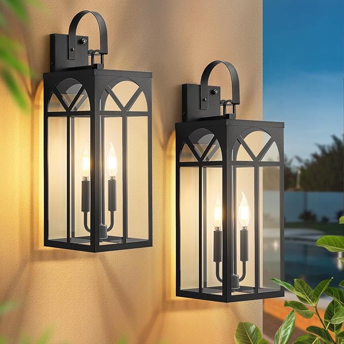 Dusk to Dawn Outdoor Wall Lighting 2 Packs 18 Large Exterior Matte Black Outdoor Sconce Lights Industrial Porch Wall Lantern Waterproof Modern Outdoor Light Lamp Fixture for Patio Entryway