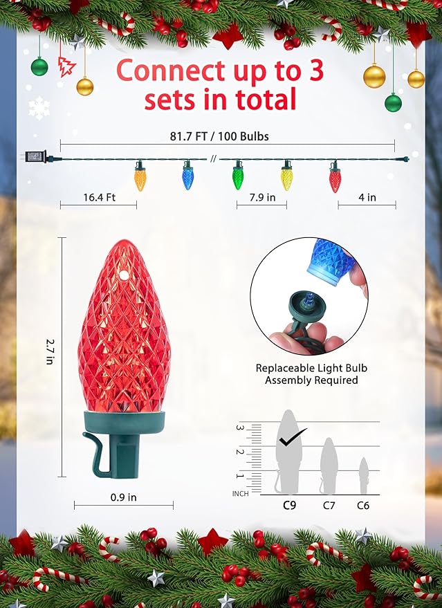 Minetom C9 LED Christmas Lights Outdoor 81 Feet 100 LED String Light with Timer &amp 8 Lighting Mode Waterproof Commercial Grade Christmas Tree Lights for Outside Indoor Roofline Patio Multicolor