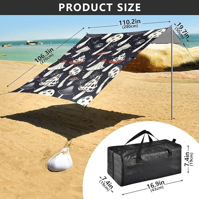 Mushrooms Black Beach Tent Sun Shelter 9.2' x 10.5' Beach Canopy with 4 Sandbags 4 Stability Poles Sand Shovels - Tent Canopy for Beach Camping Fishing Picnics