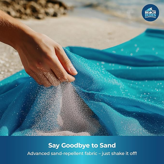Beach Vibes Oversized Beach Blanket - 108x84 XL Sandproof Water-Resistant Picnic Mat | Lightweight Ripstop Nylon for Travel &amp Camping | Includes 4 Stakes and Carry Bag