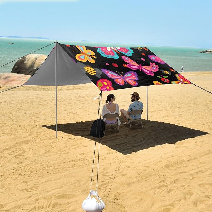 Bolaz Beach Canopy Tent Sun Shade9'×10.5' Large Family Beach Shade UPF50+- Outdoor Shade for Camping Trips FishingBeautiful Butterfies Pattern