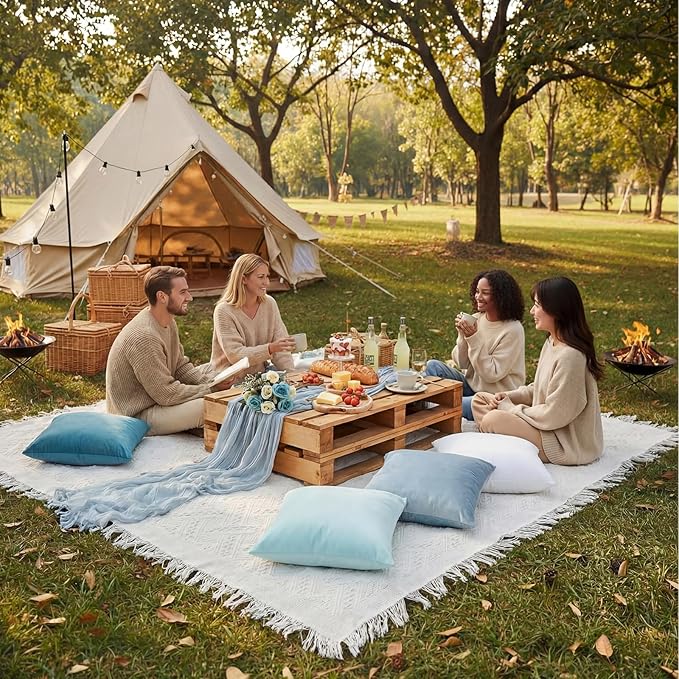 Moukeren 10 Pcs 71''x102'' Extra Large White Outdoor Boho Picnic Blanket with Table Runner 8 Blue Throw Pillow Cover Oversized Washable Portable Beach Blanket for Valentine Picnic Camp Lawn Wedding