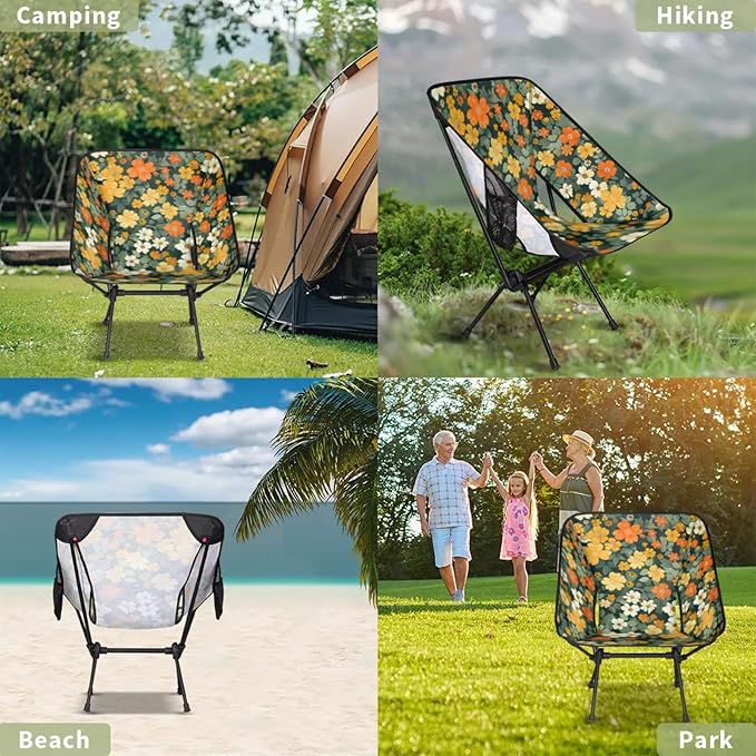Flowers Green Portable Camping Chair Folding Chairs for Outside Lightweight Backpacking Chair Outdoor Collapsible Beach Chairs for Adults Fishing Lawn Picnic Travel Hiking