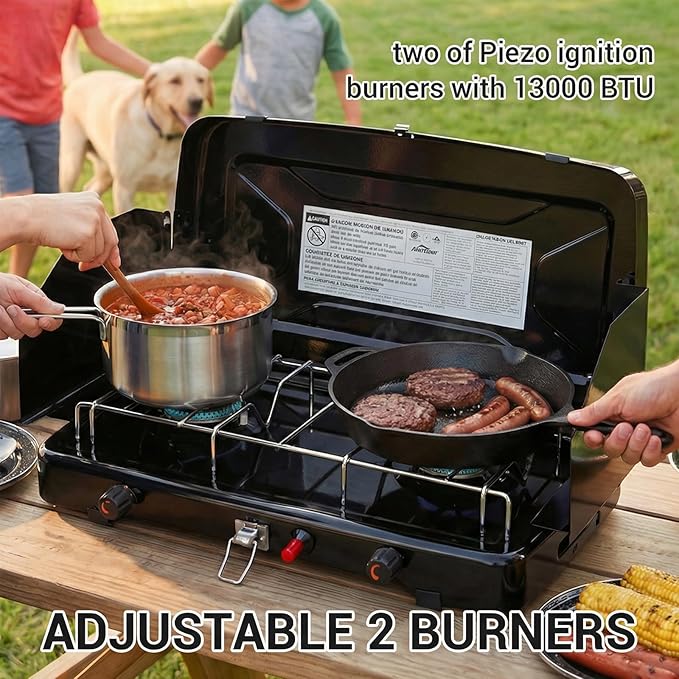 Camping Stove 2 Burners Propane Portable Camp Stove with Regulator Push-Button Instant Ignition Adjustable Burners &amp Wind Guards for Car BBQ Picnics Outdoor Cooking