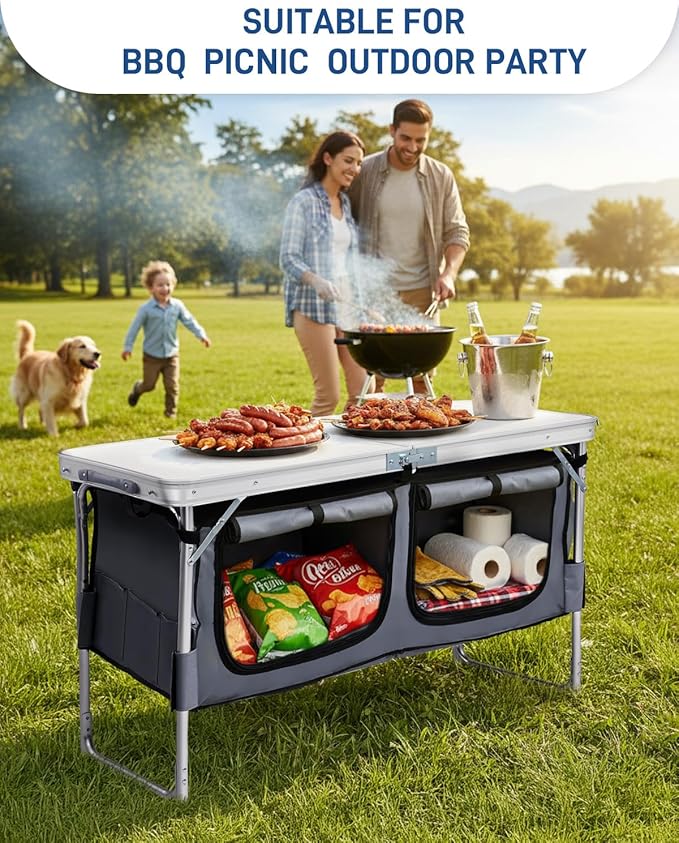 Outvita Folding Table 4FT Aluminum Camping Table with Large Storage Space and Adjustable Height Picnic Table Lightweight for Carring Outdoor Party Events Beach