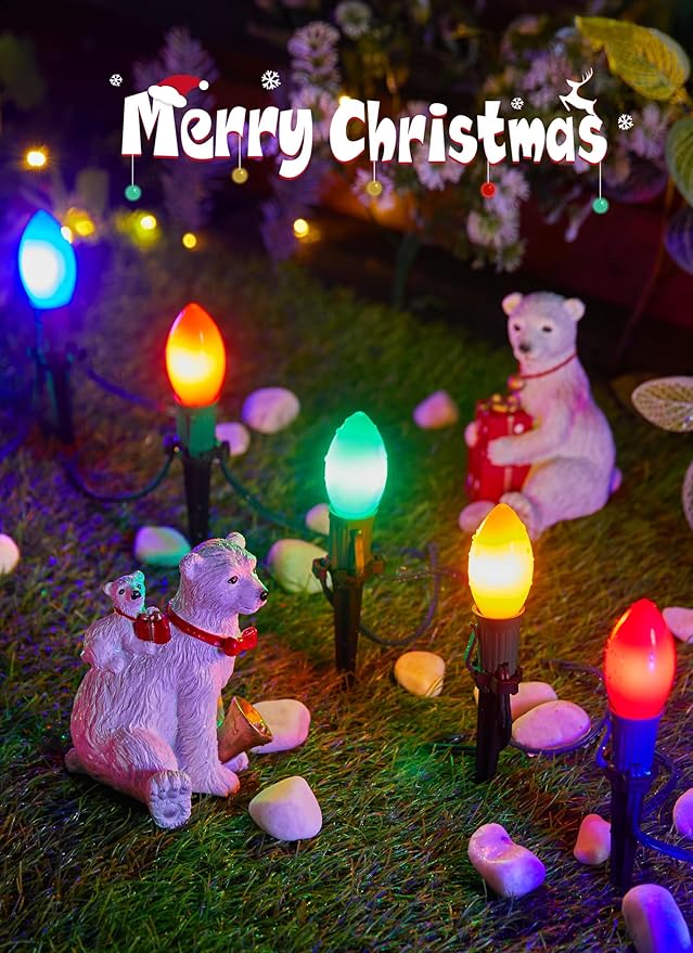Frosted C9 Christmas Lights Outdoor 25.7 Ft Christmas Pathway Lights with 20 LED Bulbs and Stakes Connectable Christmas Yard Decorations Walkway Sidewalk Holiday Multicolor