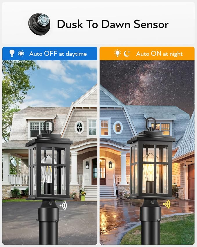 2 Pack Outdoor Post Lights Black Dusk to Dawn Post Lights Outside Waterproof Outdoor Column Lantern for House Garden Doorawy Backyard 100% Aluminum
