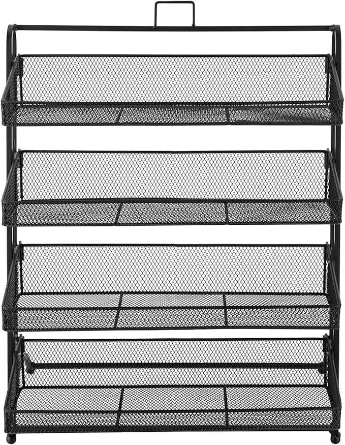 4 Tier Snack Organizer Candy Display Rack for Countertop Snack Display for Counter Portable Chip Rack Metal Snack Shelf for Retail Stores Kitchen Office (Black)