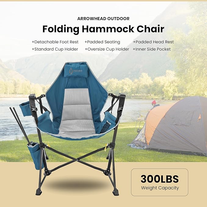 Arrowhead Outdoor Folding Hammock Camp Chair with Detachable Footrest Stabilized Feet Padded Headrest and Seat Large Cup Holders 300 LBS Weight Capacity for Camping Beach Tailgating