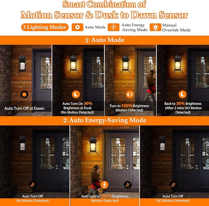 2 Packs Motion Sensor Outdoor Sconce - Advanced Dusk to Dawn Outdoor Lighting Retro Motion Sensor Porch Light Fixtures Black Waterproof Exterior Lantern Wall Mount for Garage Outside Anti-Rust