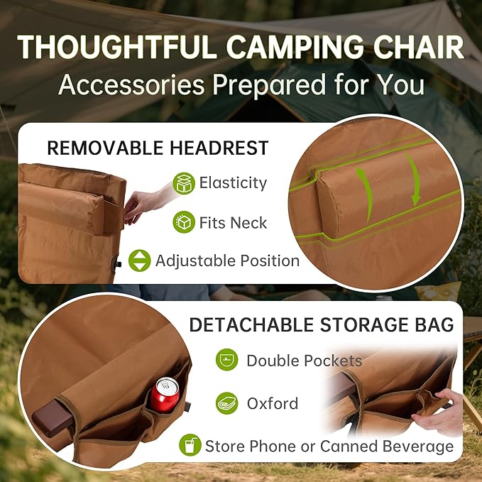Camping Chairs for Adults-Adjustable 95°-135° Hign Back Heavy Duty Folding Lawn Chairs with Detachable Headrest Side Pocket Hold Up 300 Lbs Yellow