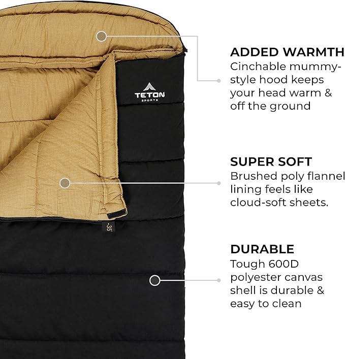 TETON Sports Deer Hunter Sleeping Bag Warm and Comfortable Camping Sleeping Bag Teton Tough Canvas Shell for Camping Hunting and Cold Weather