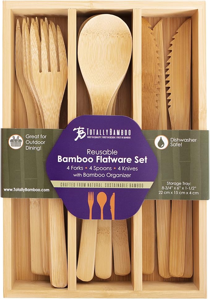 Totally Bamboo 12-Piece Reusable Bamboo Flatware Set with Portable Storage Case Dishwasher Safe