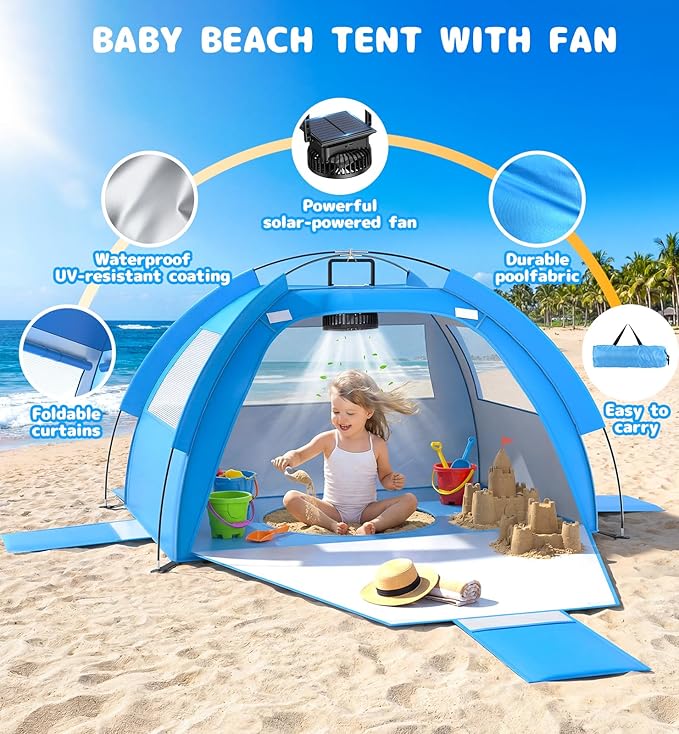 Baby Beach Tent Solar Cooling Fan Anti-UV Toddler Beach Tent Sun Shelter Portable Travel Fan Beach Shade Tent Baby Play Tent Built-in Ceiling Fan Sun Shelters Toddler Beach Essentials